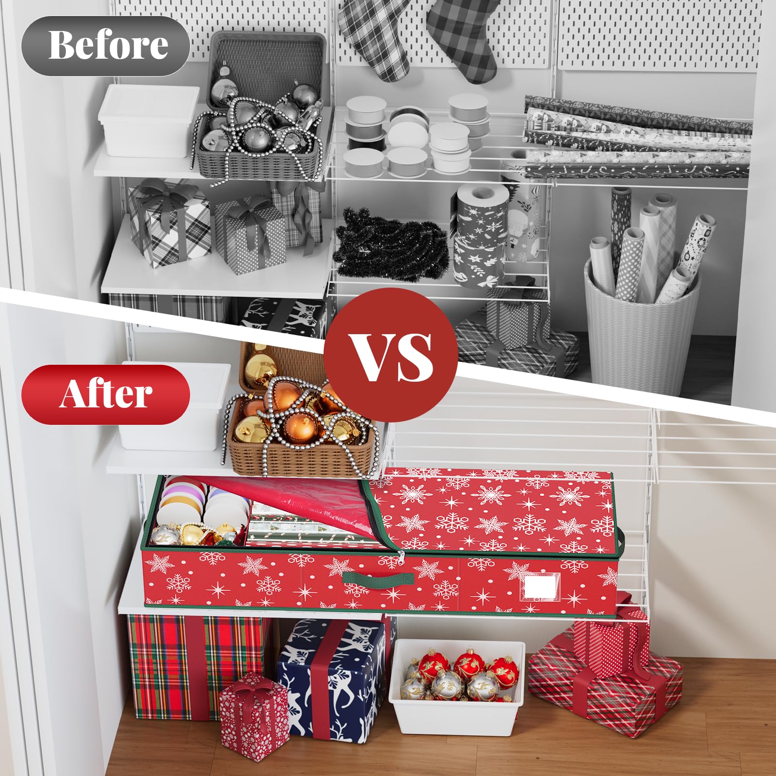 StorageRight snowflake red on wrapping station illustrating tidy, festive gift-prep convenience