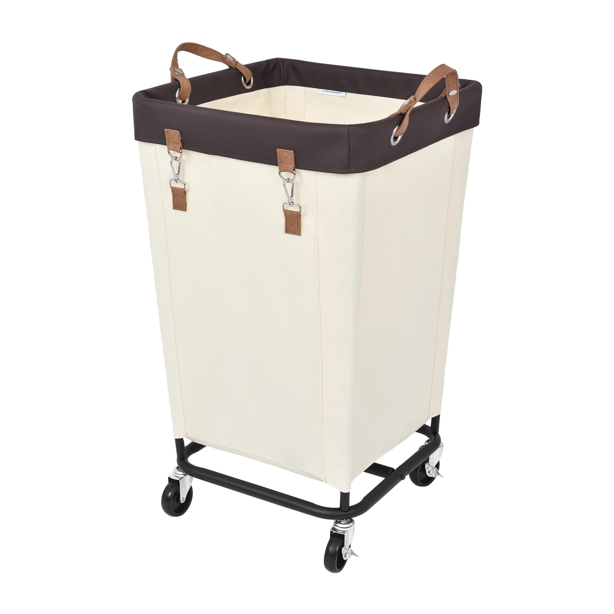 StorageWorks front view of 160L rolling laundry basket showing large capacity benefit