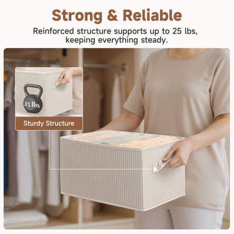 StorageWorks basket holding folded sweaters to show stable, organized storage