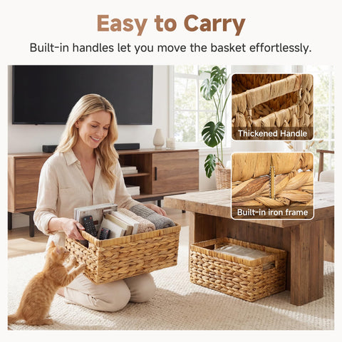 StorageWorks baskets arranged on wooden shelf for tidy storage