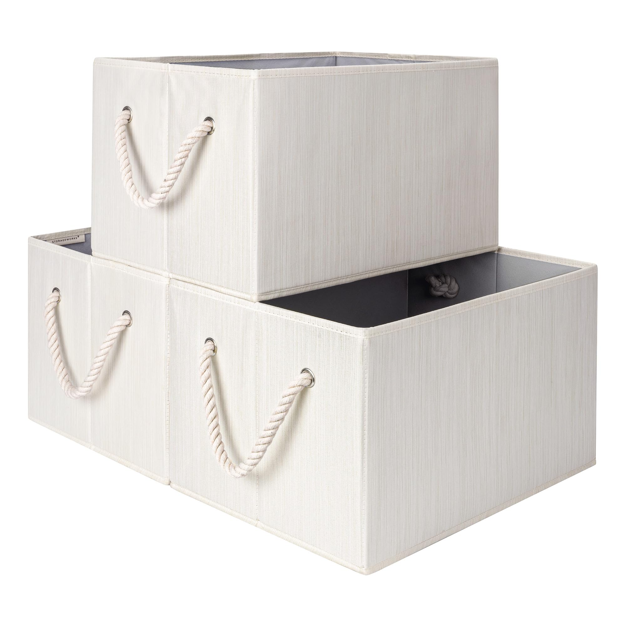 StorageWorks beige bin front view showing neutral design and capacity