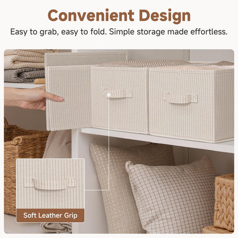 StorageWorks bins arranged on a wood linen closet shelf for neat storage
