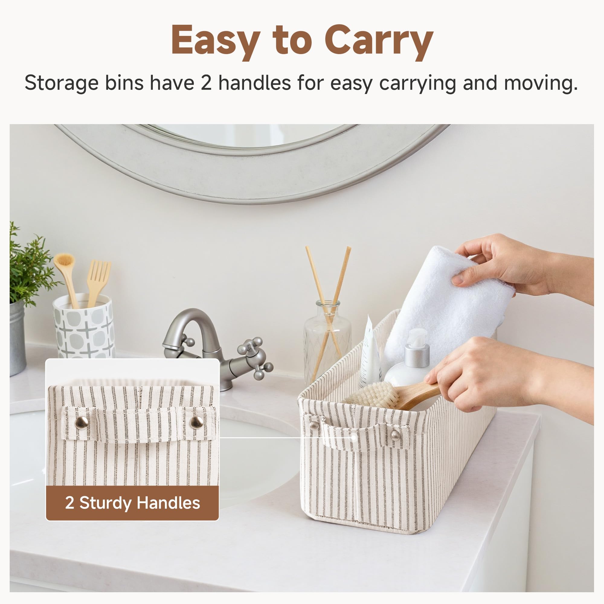 StorageWorks bin filled with bathroom toiletries showing quick-access countertop containment