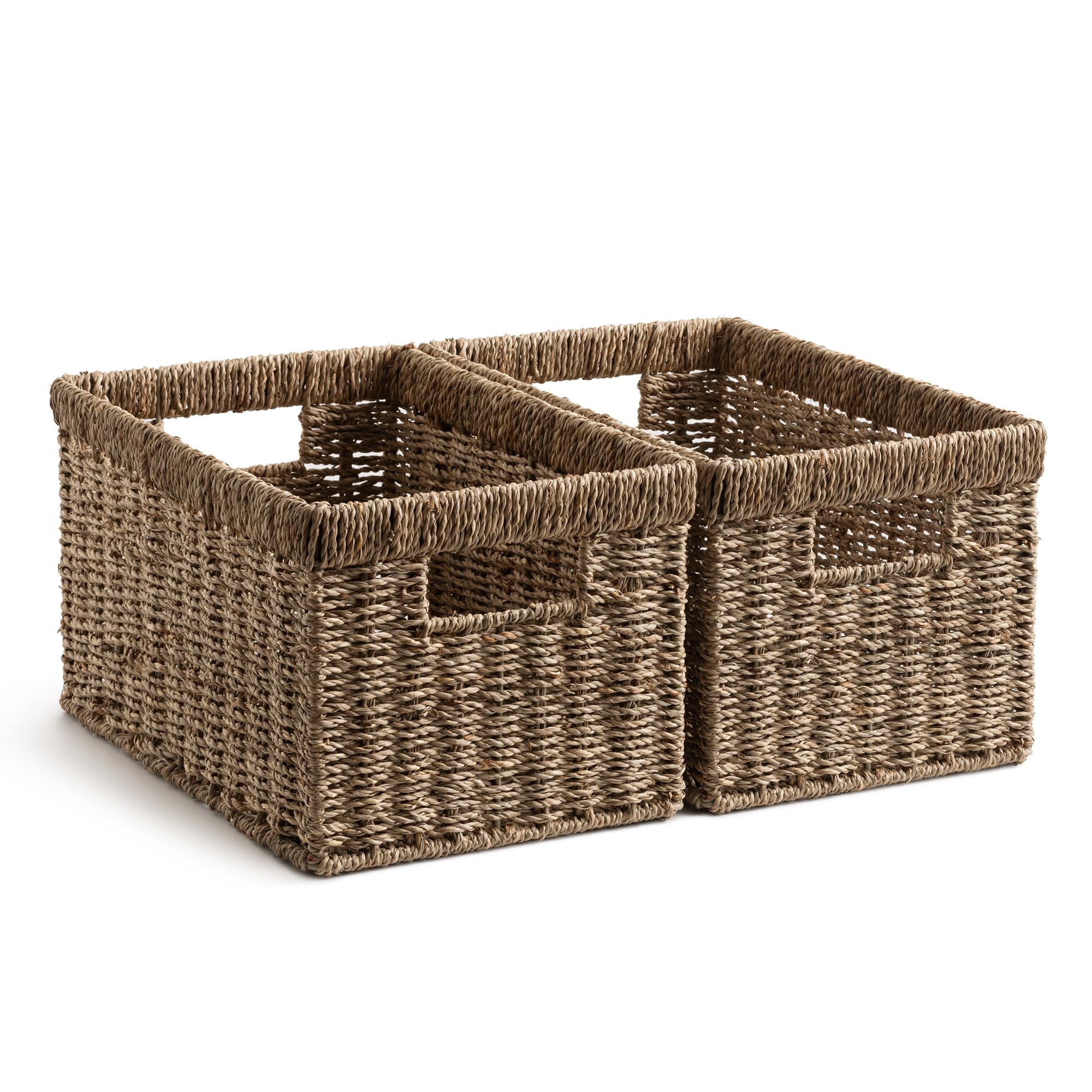 StorageWorks front view of two seagrass baskets showing natural finish and neat shape