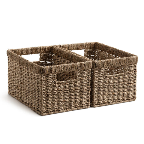 StorageWorks front view of two seagrass baskets showing natural finish and neat shape