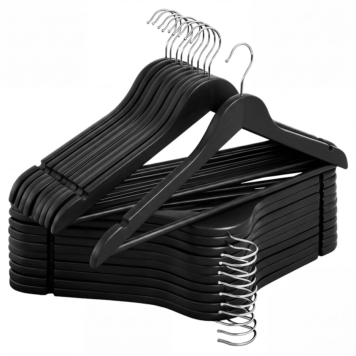 StorageWorks front view of 20-pack showing uniform solid wood hangers and polished finish