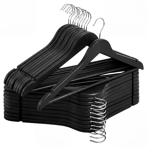 StorageWorks front view of 20-pack showing uniform solid wood hangers and polished finish