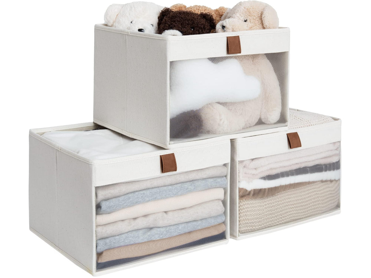 StorageWorks front view showing beige fabric bins and clear window for quick identification