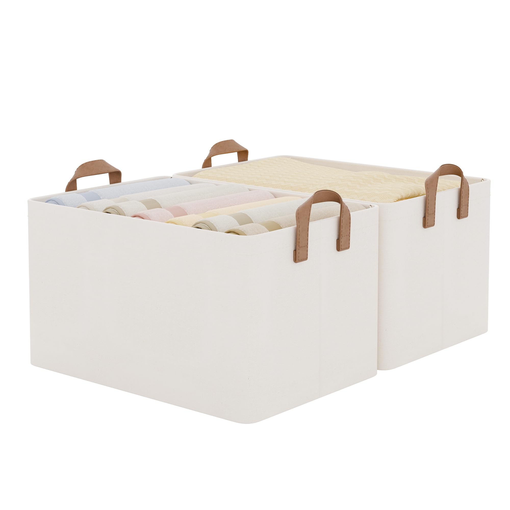 StorageWorks front view of two beige extra large baskets, tidy storage benefit