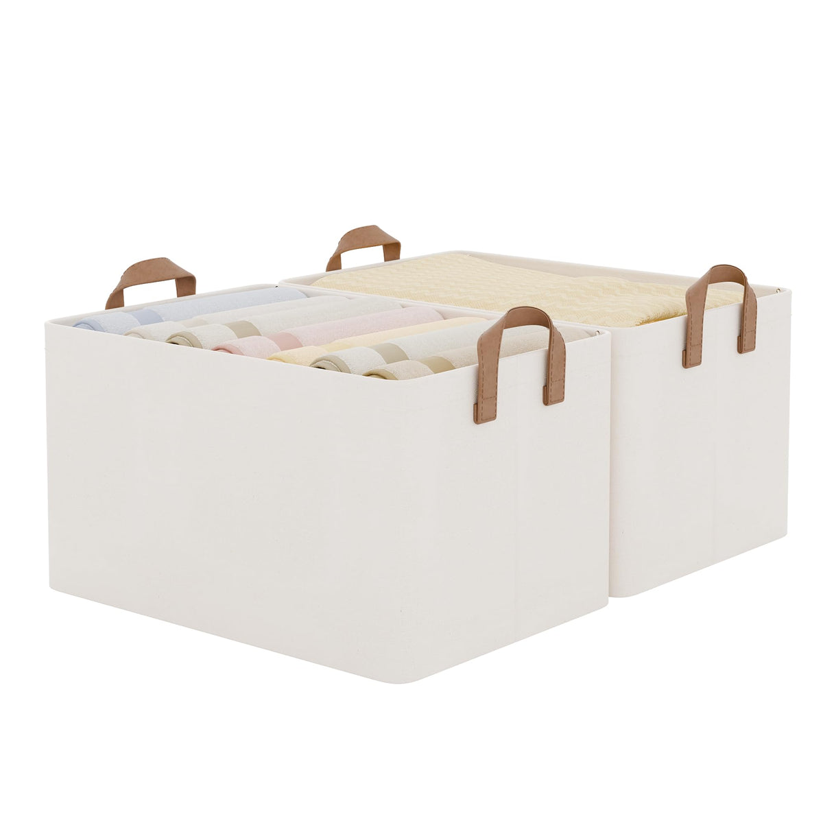 StorageWorks front view of two beige extra large baskets, tidy storage benefit