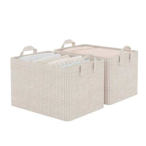 StorageWorks front view of two khaki beige striped bins showing neat organization benefit