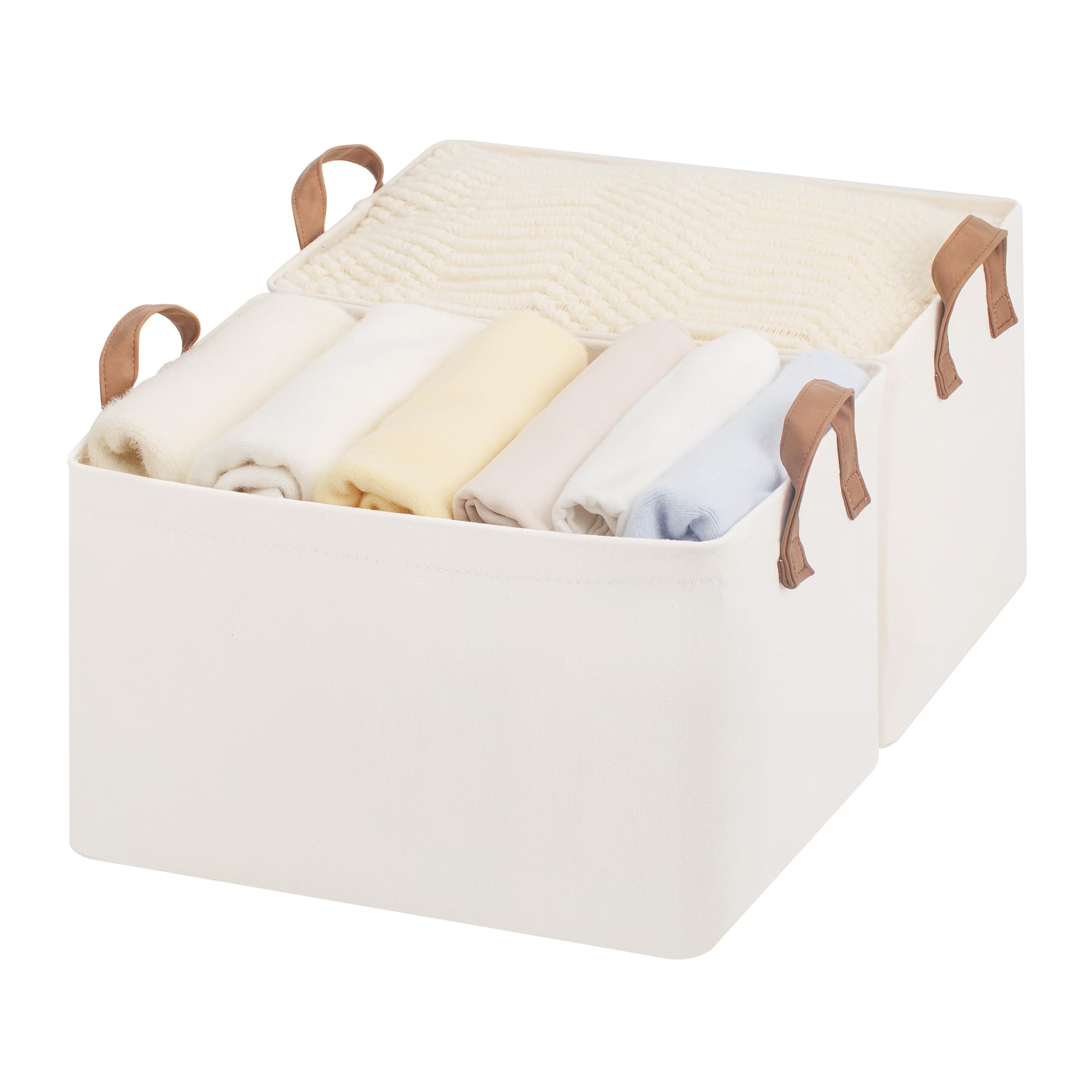StorageWorks front view of two baskets showing neat shelf storage and durable design
