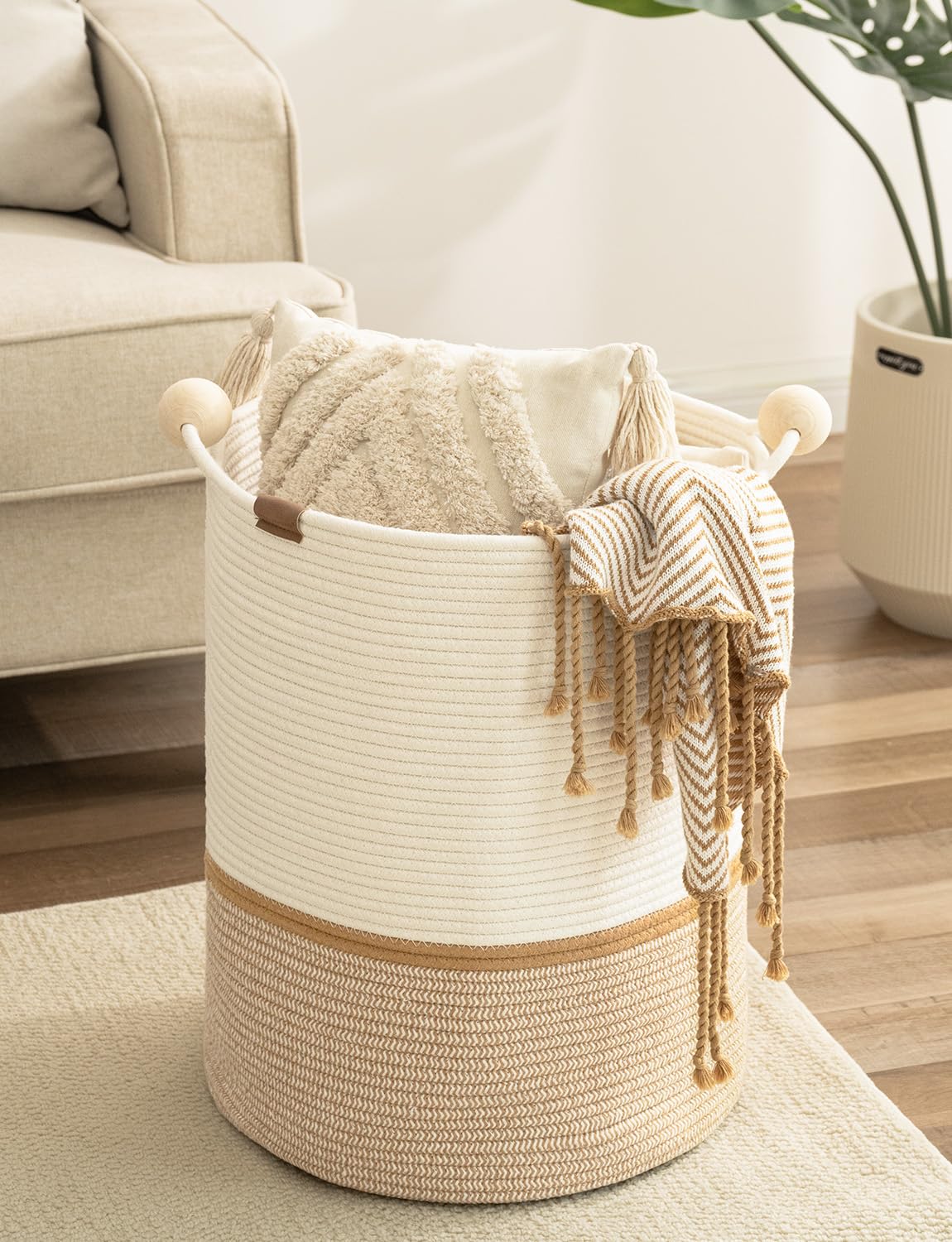 StorageWorks front view showing white and khaki basket, stylish storage benefit