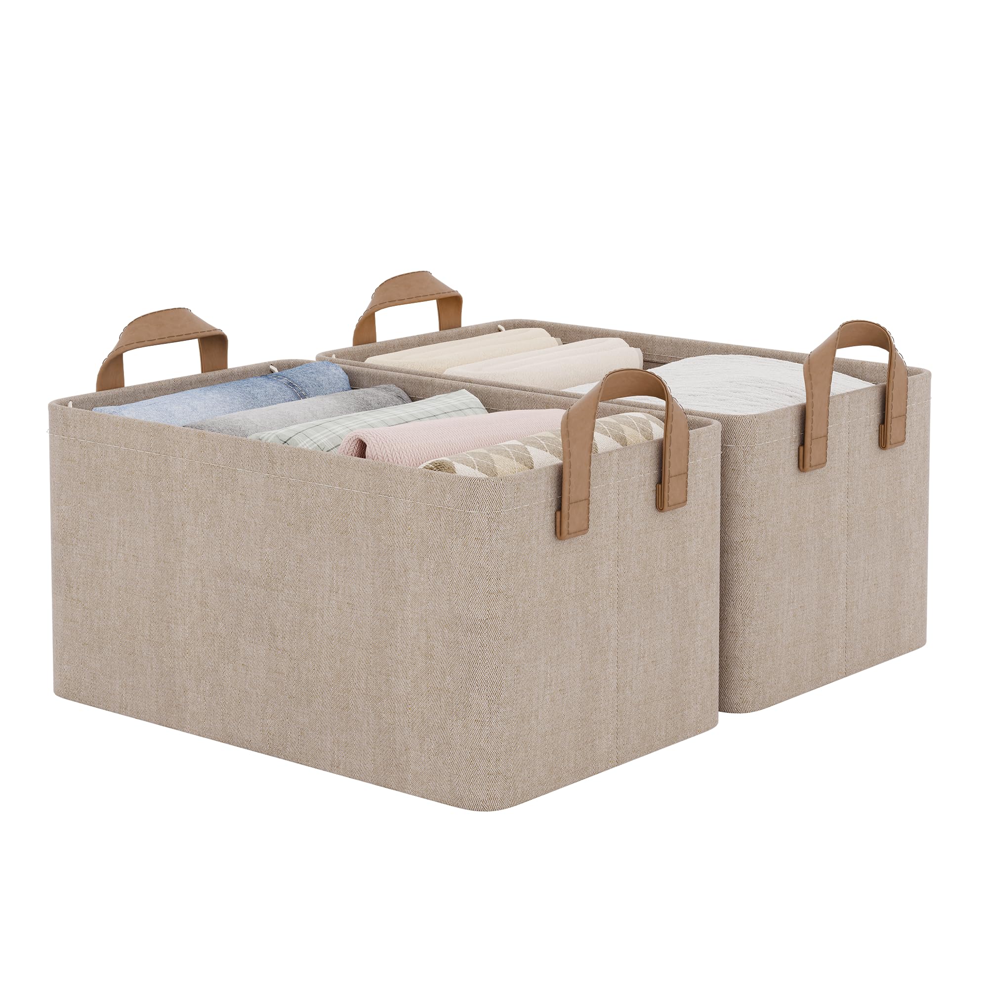 StorageWorks front view of two brown and beige bins showing organized storage benefit