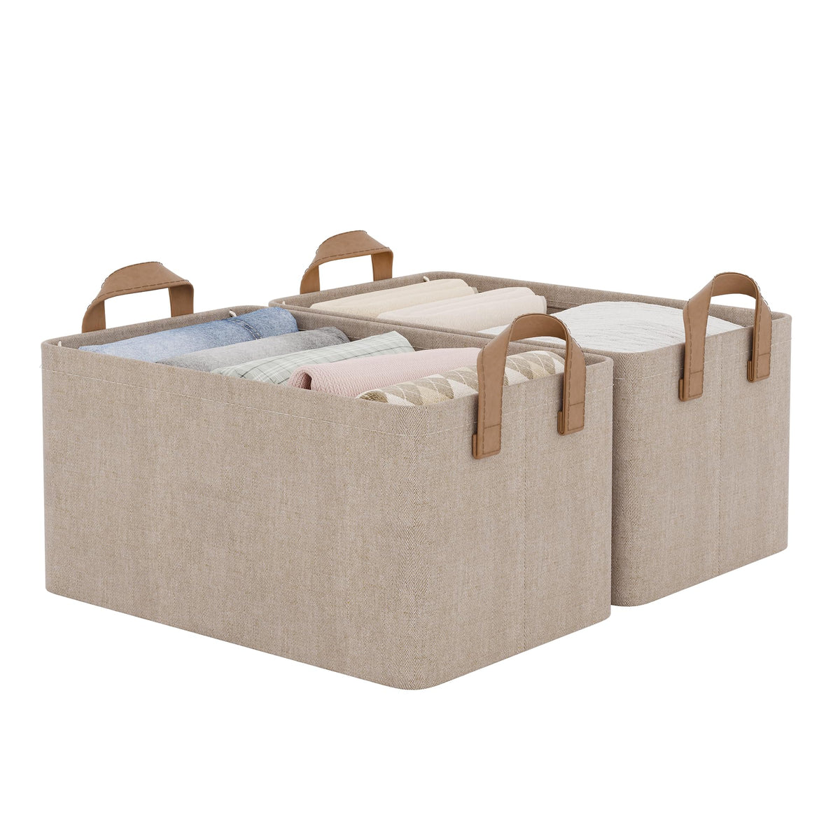 StorageWorks front view of two brown and beige bins showing organized storage benefit