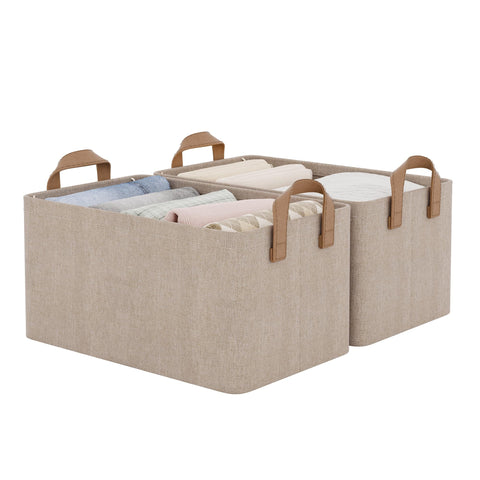StorageWorks front view of two brown and beige bins showing organized storage benefit