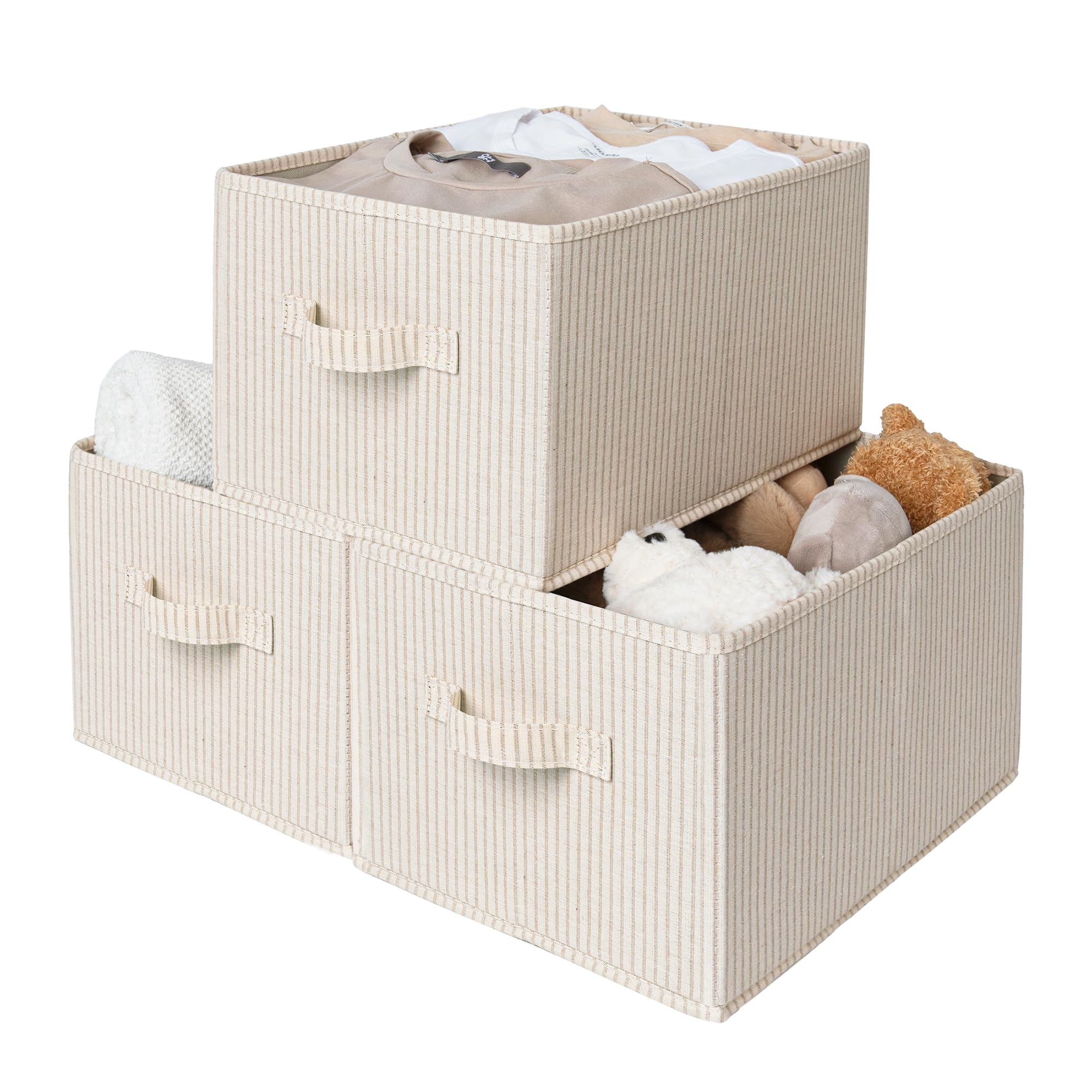 StorageWorks front view beige-striped bins showing organized shelves and tidy look