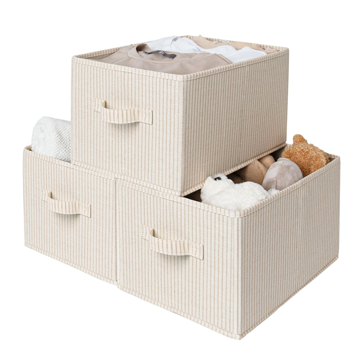 StorageWorks front view beige-striped bins showing organized shelves and tidy look