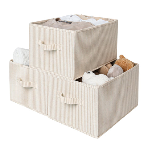 StorageWorks front view beige-striped bins showing organized shelves and tidy look
