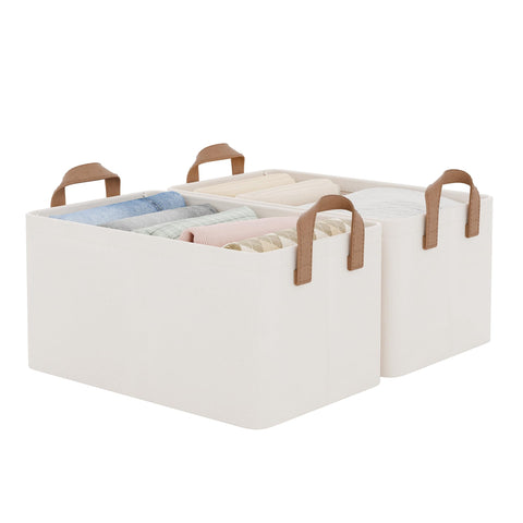 StorageWorks front view of two natural fabric bins showing neat organization benefit