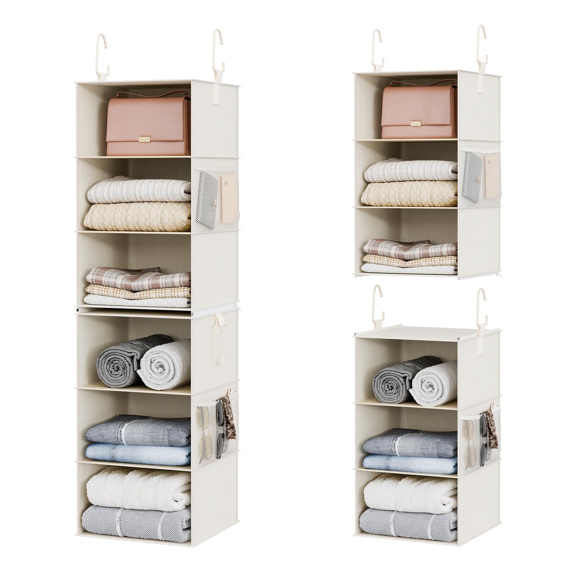 StorageWorks front view of 6-shelf ivory organizer showing neat folded clothes and instant organization benefit