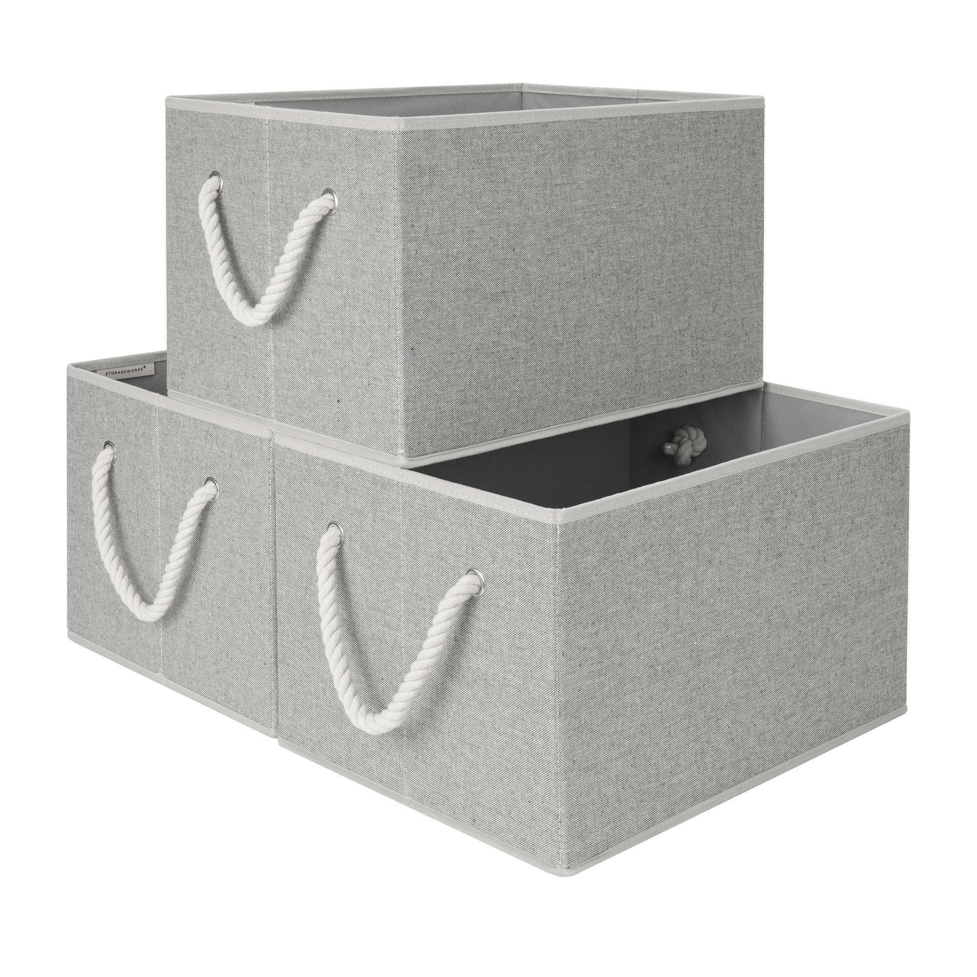 StorageWorks front view of three gray bins showing clean organization benefit