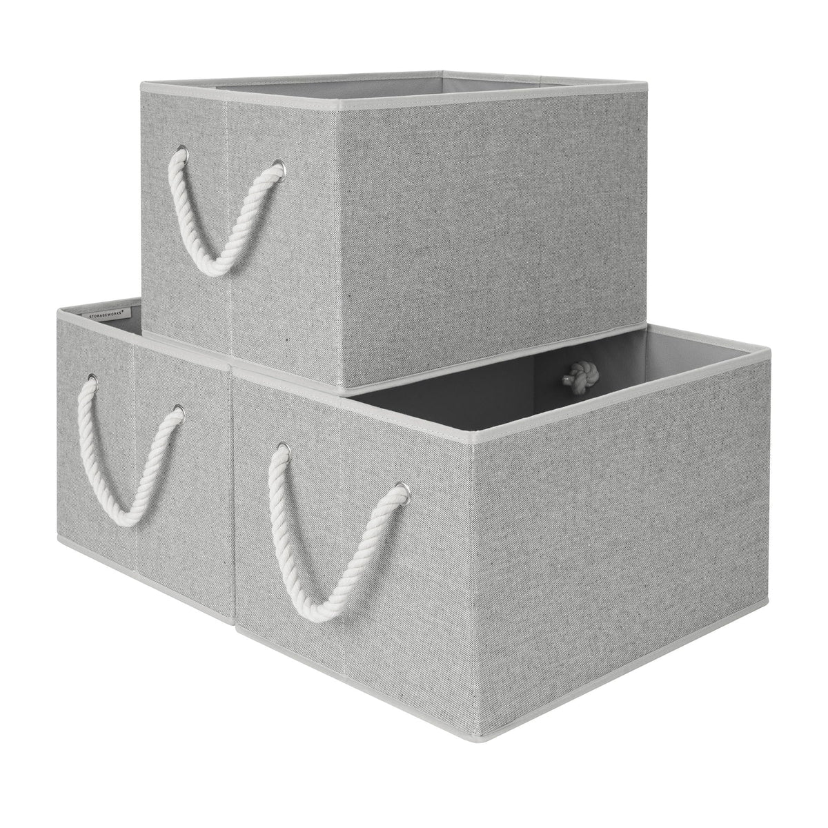StorageWorks front view of three gray bins showing clean organization benefit