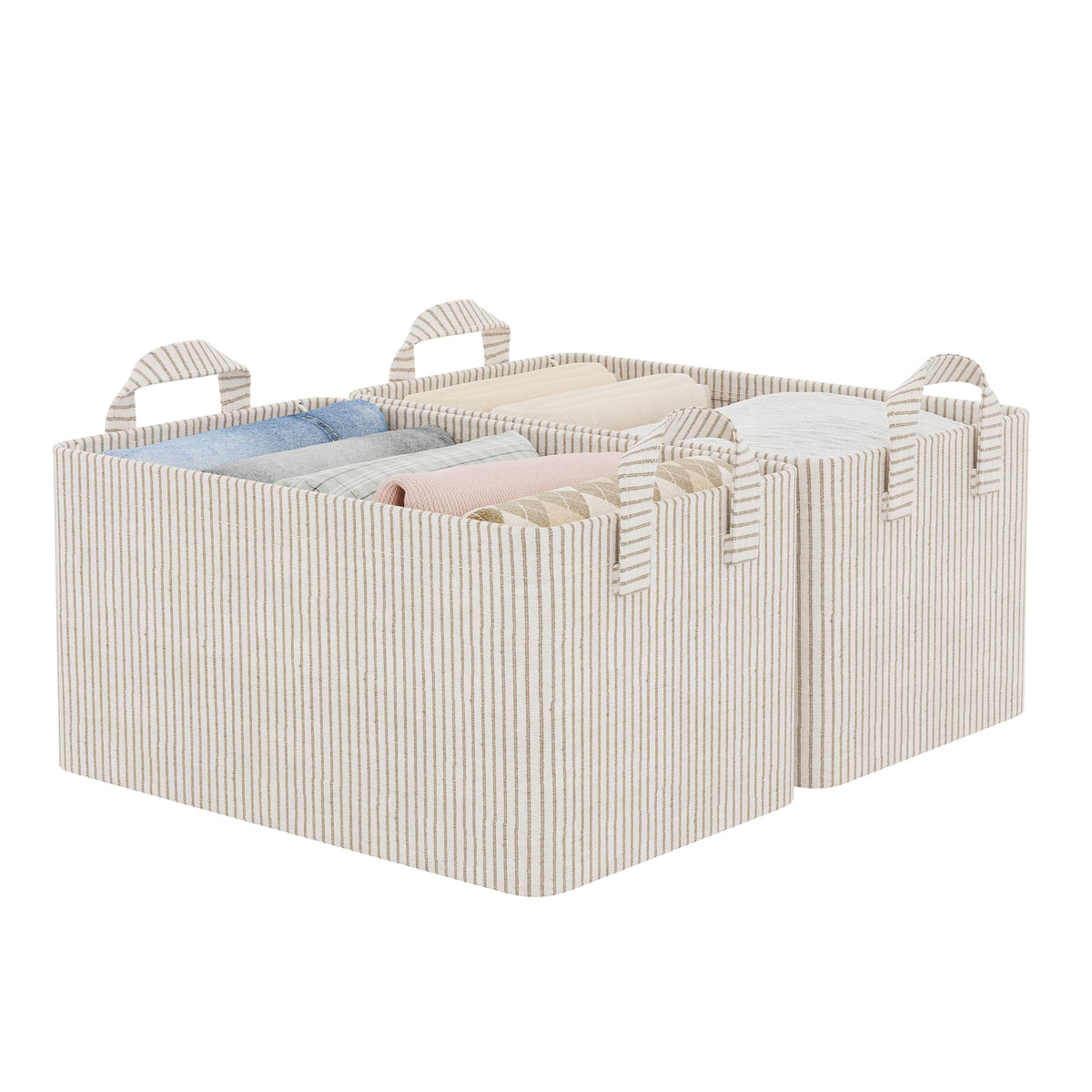 StorageWorks front view of two khaki beige striped bins showing neat storage