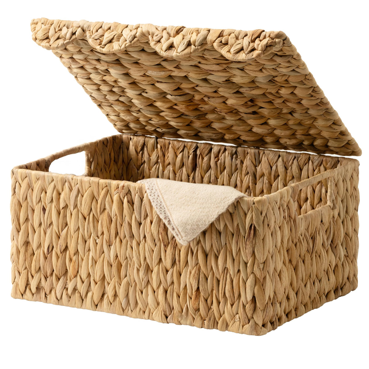 StorageWorks front view showing scalloped wicker lid and elegant storage benefit