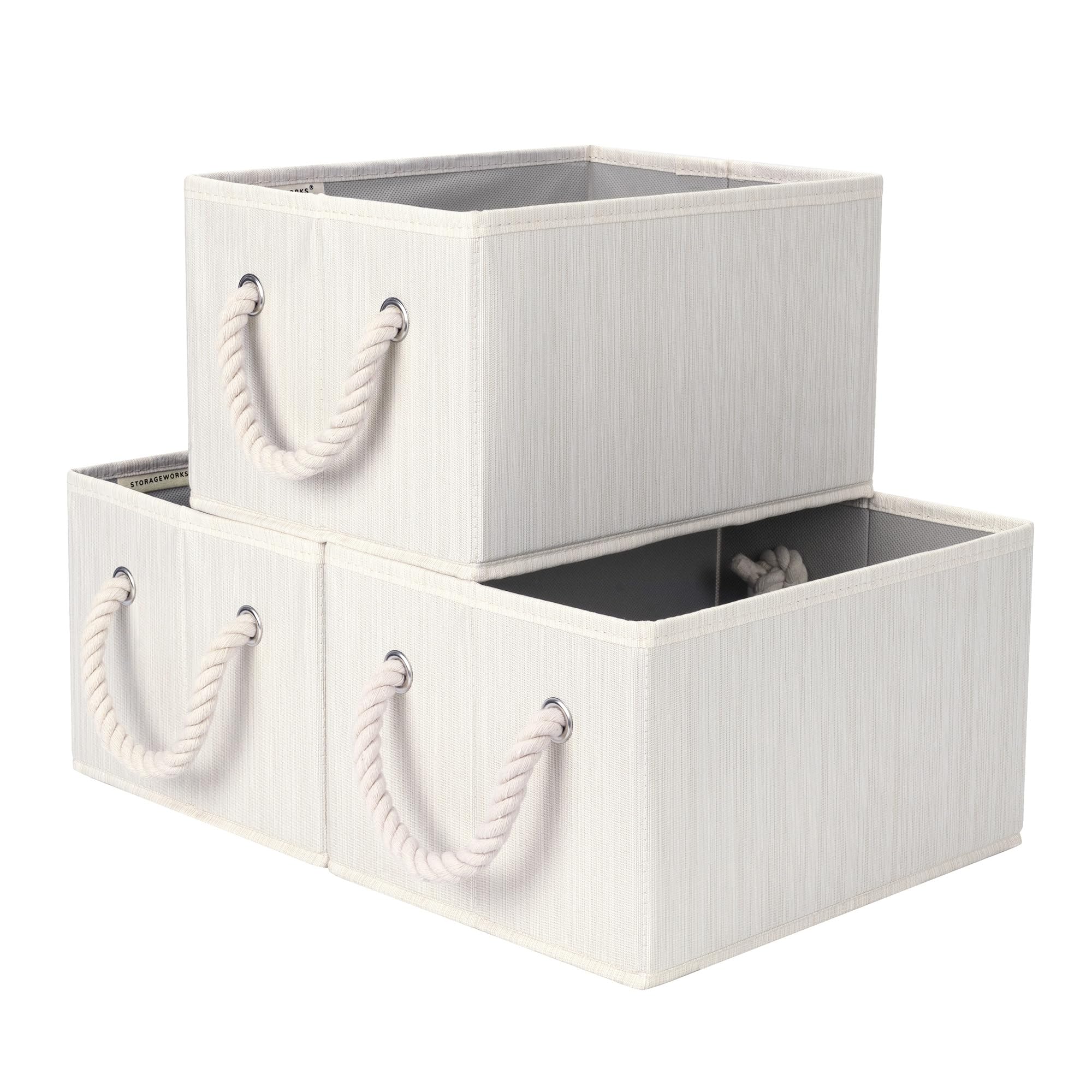 StorageWorks front view of three beige bins showing neat organization benefit
