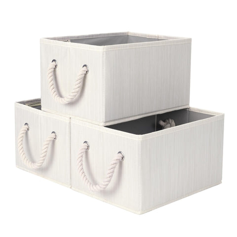 StorageWorks front view of three beige bins showing neat organization benefit