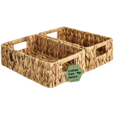 StorageWorks front view of two shallow wicker baskets showing neat shelf fit and style