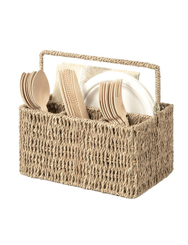 StorageWorks front view showing woven seagrass and neat utensil organization benefit