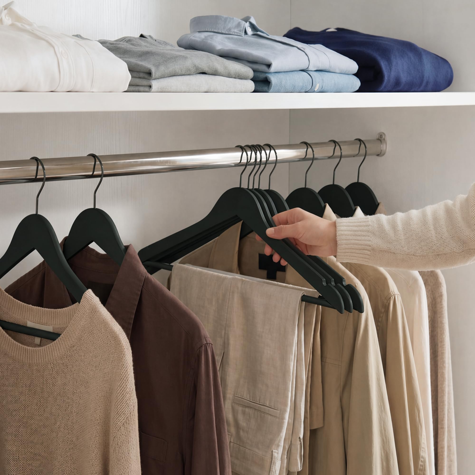 StorageWorks tidy closet with uniform wooden hangers improving organization