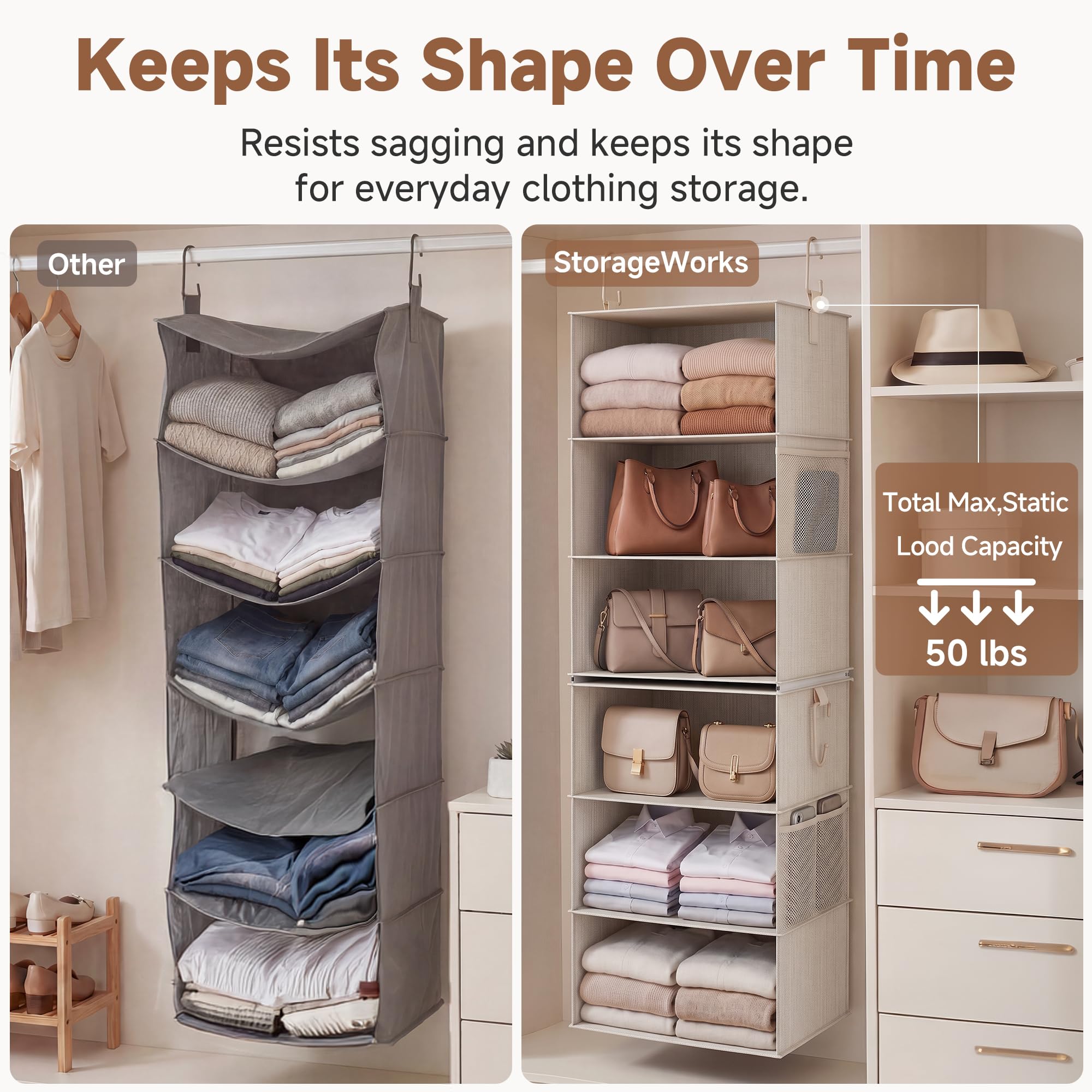 StorageWorks metal hooks attached to rod, benefit: tool-free quick installation