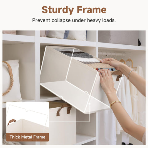 StorageWorks baskets on closet shelf with folded blankets, organized storage benefit
