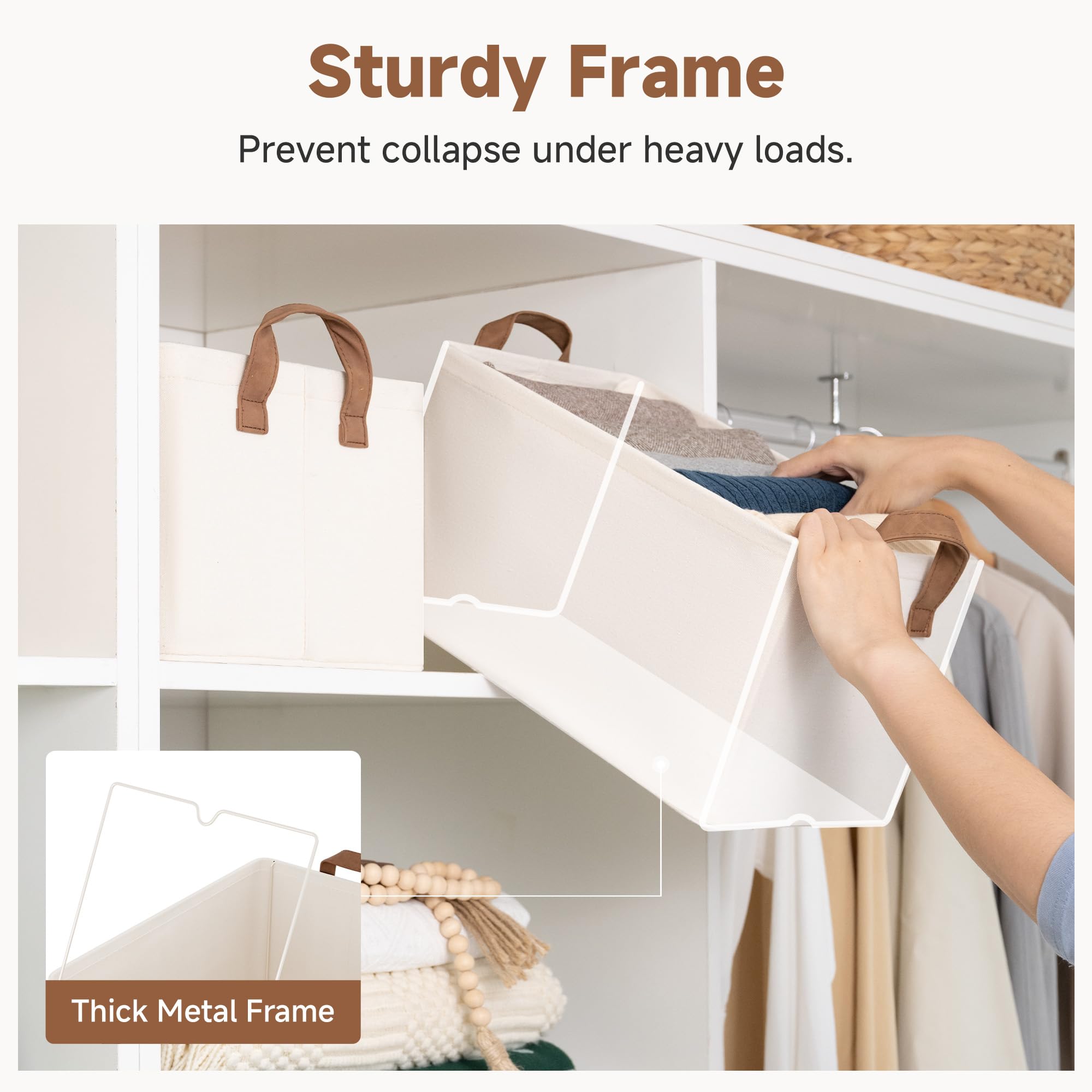 StorageWorks bins on closet shelf holding towels and clothes showing space-saving benefit
