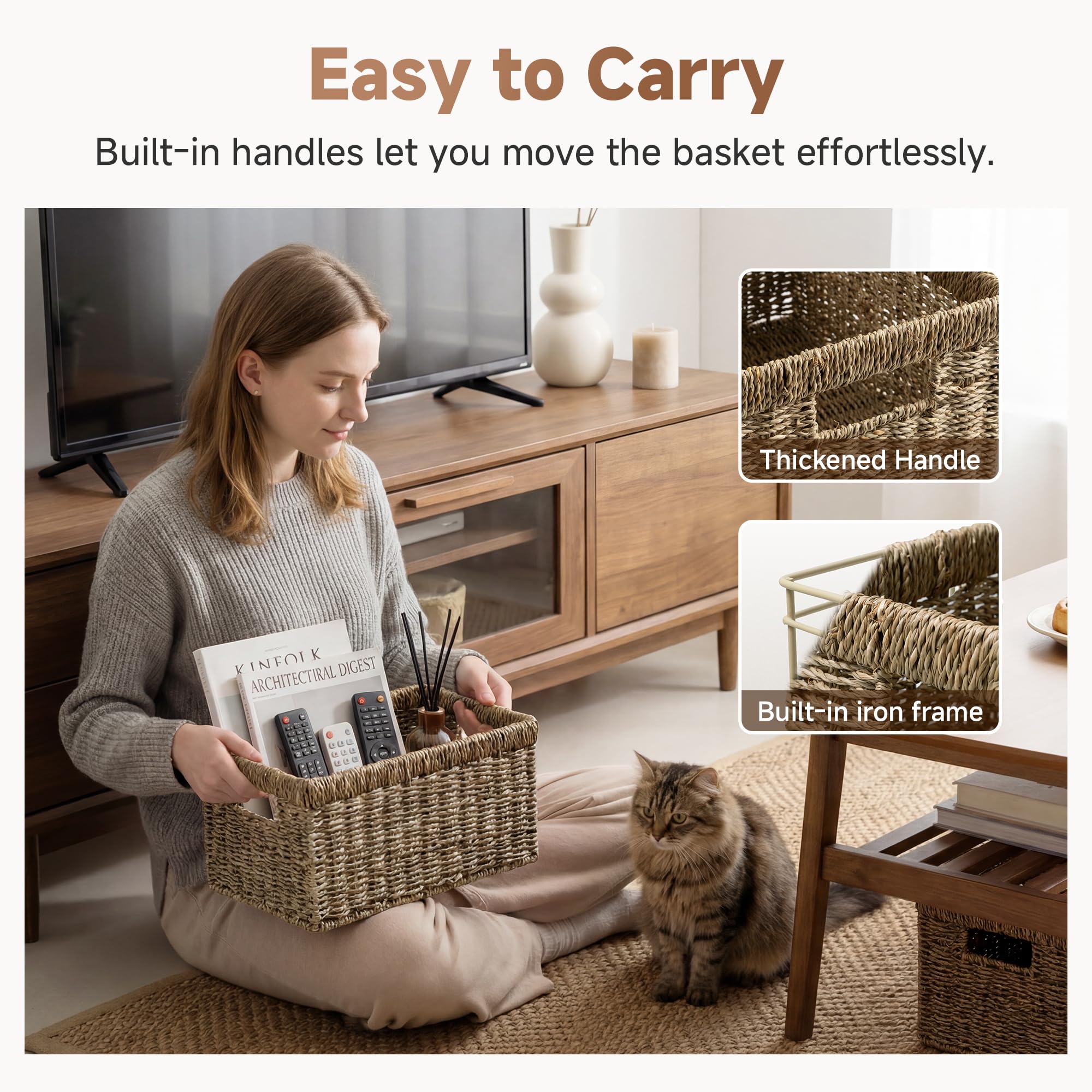StorageWorks baskets in pantry organizing snacks and jars for tidy storage