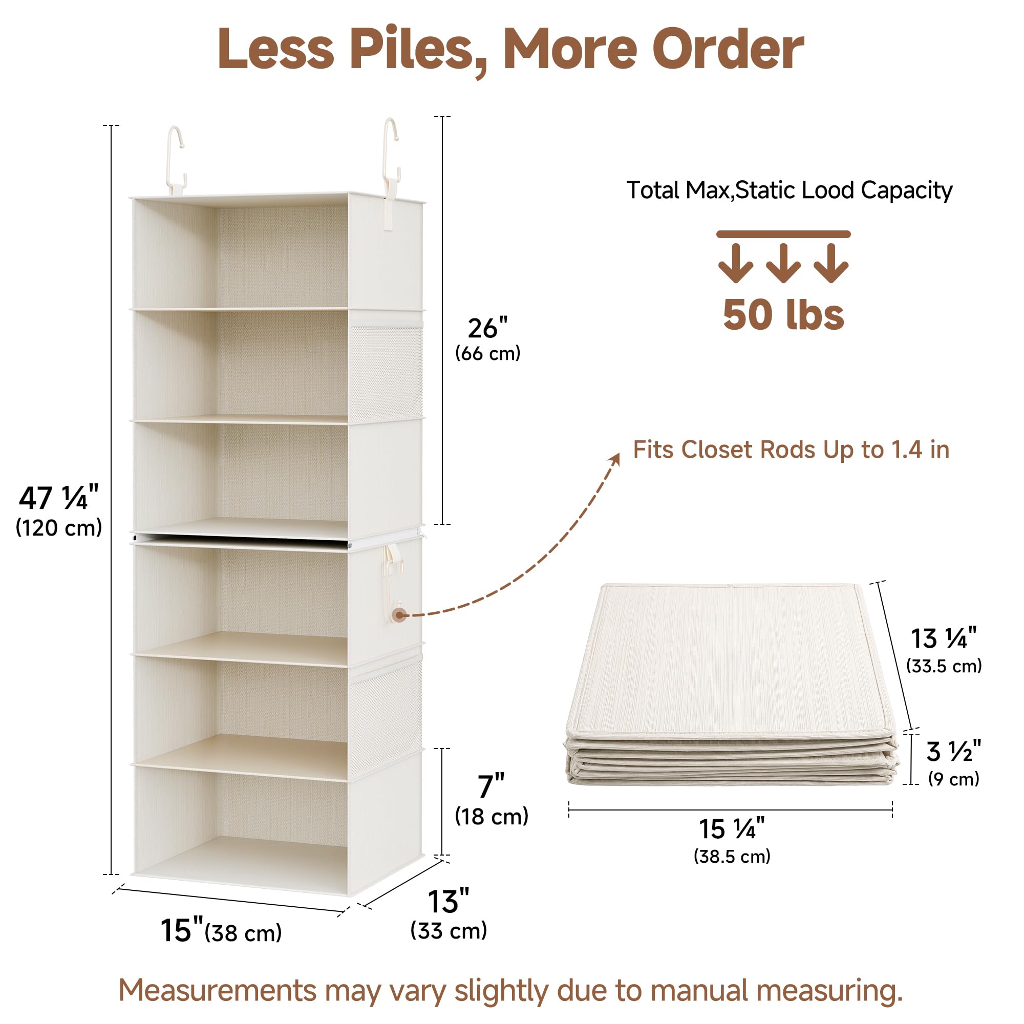 StorageWorks hanging in a closet with folded clothes, benefit: organizes everyday outfits