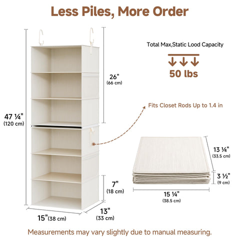 StorageWorks hanging in a closet with folded clothes, benefit: organizes everyday outfits