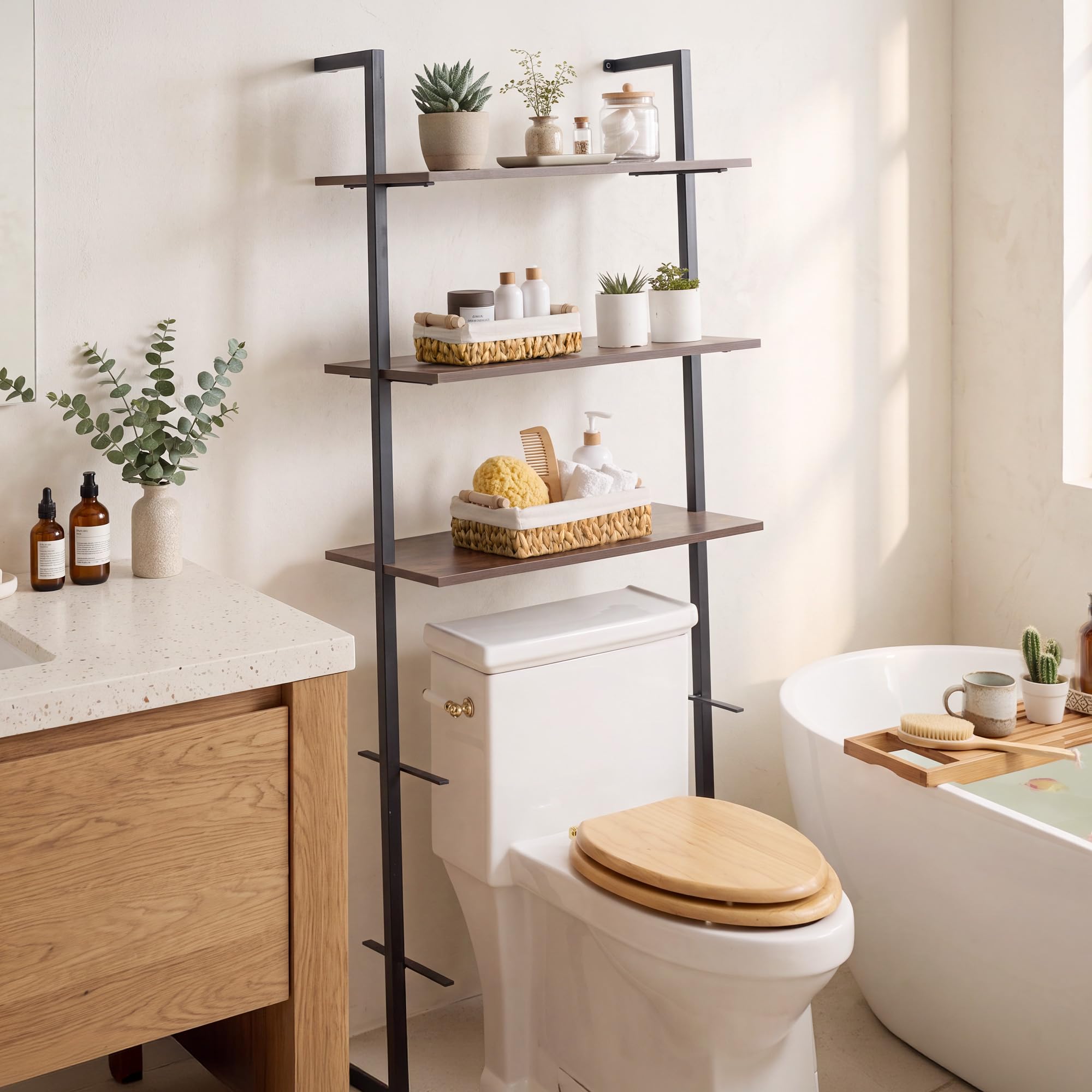 StorageWorks baskets holding toiletries showing tidy countertop benefit
