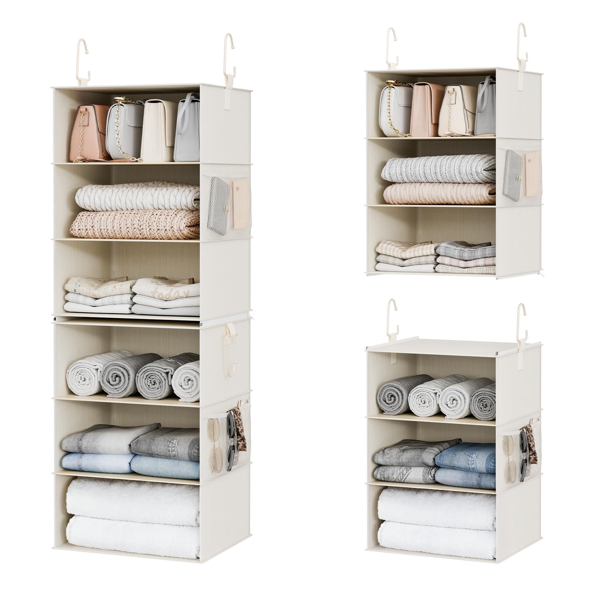 StorageWorks front view showing ivory hanging organizer, clear benefit: instant vertical storage
