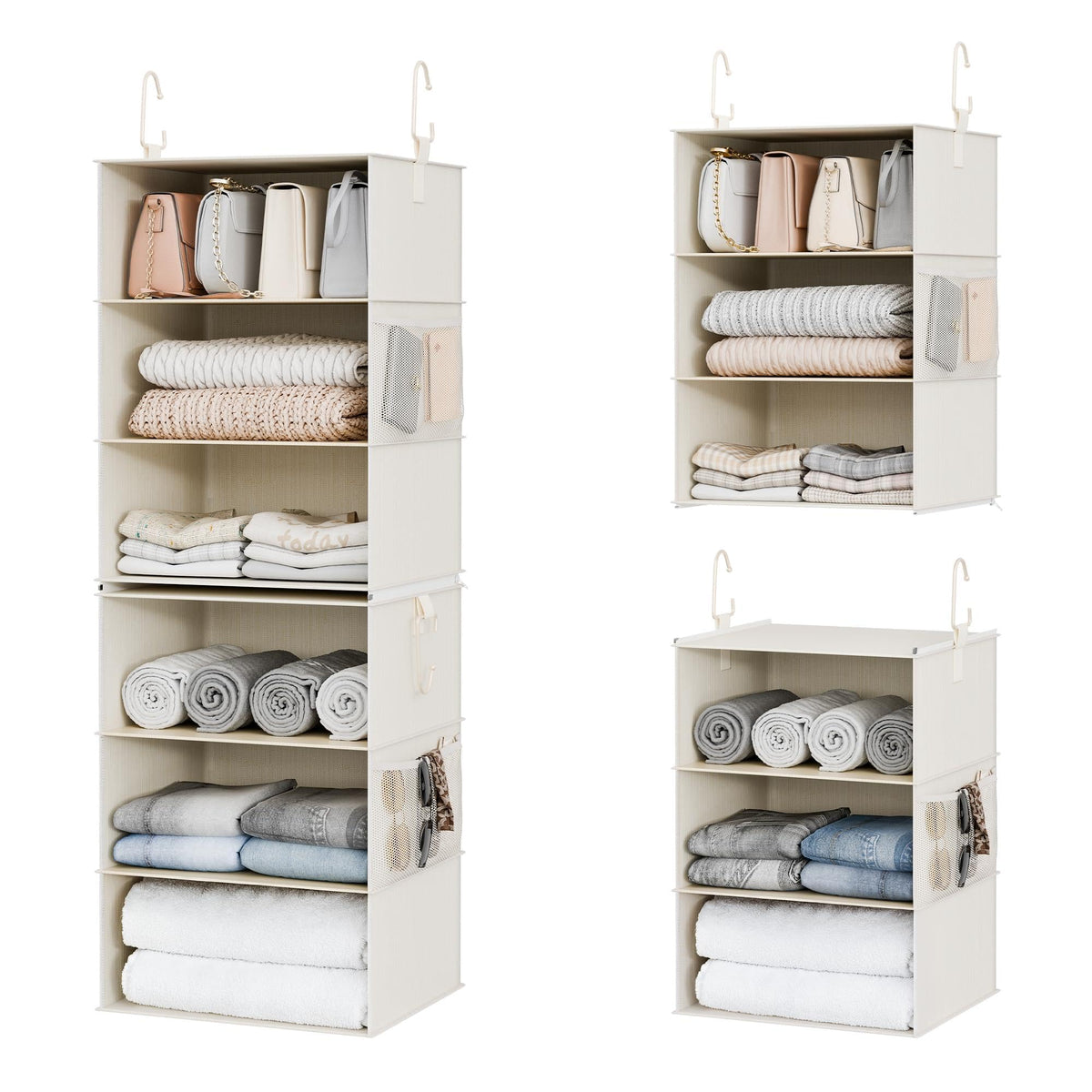 StorageWorks front view showing ivory hanging organizer, clear benefit: instant vertical storage
