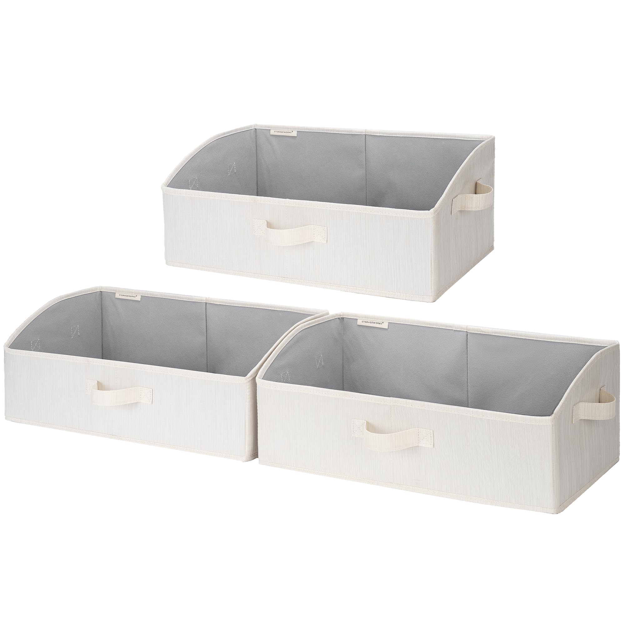 StorageWorks large beige trapezoid bin front view showing open access and tidy contents