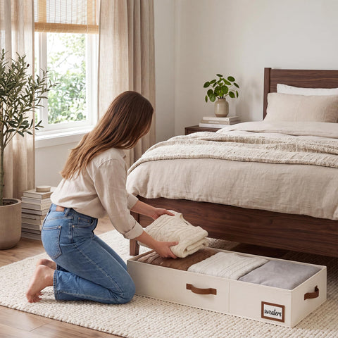 StorageWorks lifestyle bedroom scene showing neat under-bed organization