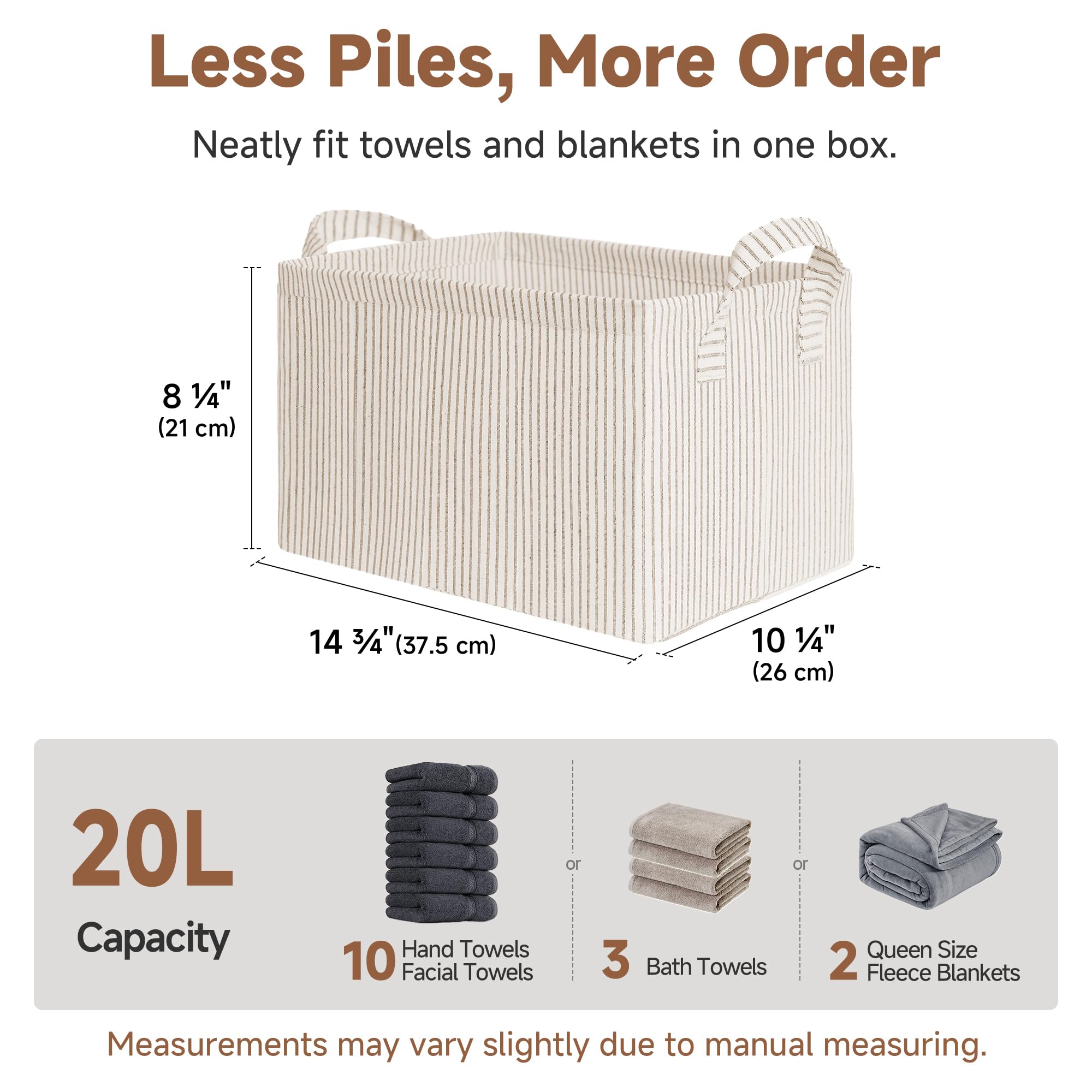 StorageWorks bins holding folded linens on shelf for tidy living room display