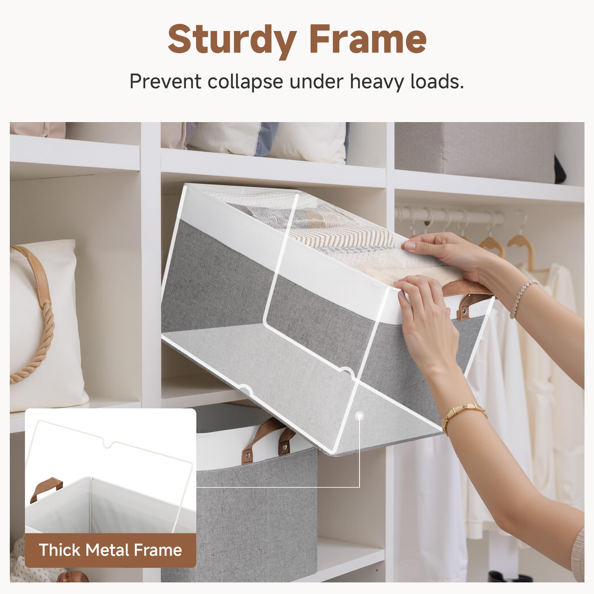 StorageWorks bins on a closet shelf organizing clothes and maximizing space benefit