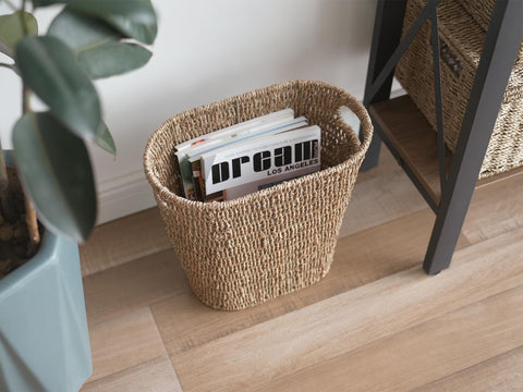 StorageWorks basket placed in a bathroom adding natural texture and tidy storage