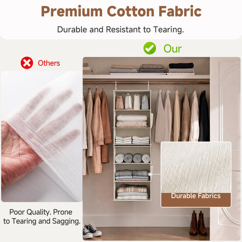 StorageWorks loaded shelves holding sweaters and jeans, benefit: sturdy load-bearing shelves