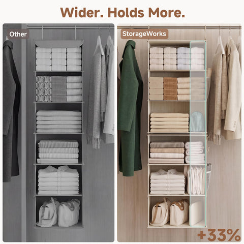 StorageWorks next to hangers for scale, benefit: compact footprint fits closets